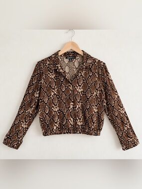 Sweet Rain Women's Snake Print Blouse Brown Collared Long Sleeve Button XL